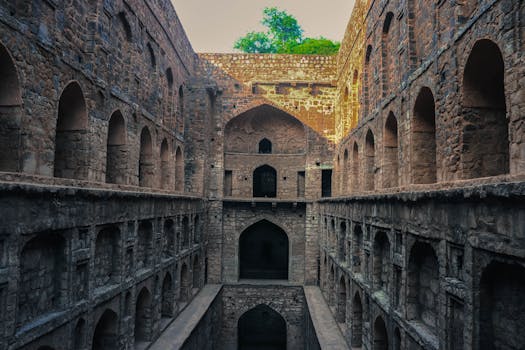 Explore the ancient symmetrical architecture of Agrasen Ki Baoli in New Delhi, India.